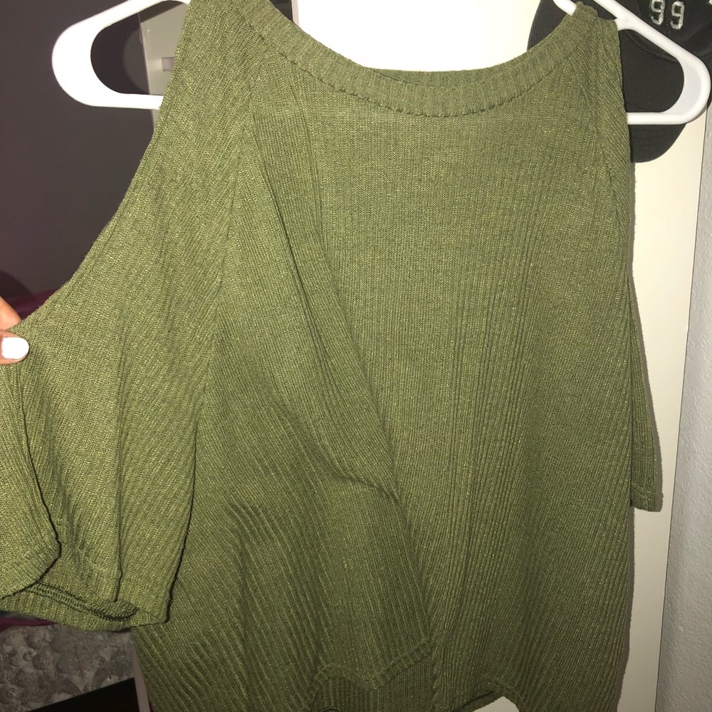 green ribbed off the shoulder top